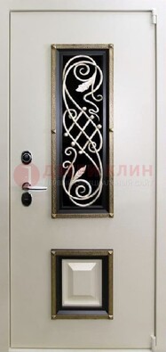 Белая стальная дверь с ковкой со стеклопакетом и МДФ ДК-30 в Ярославле
