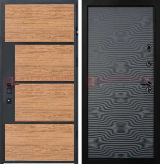Металлическая коричневая дверь с фрезерованной черной МДФ внутри ДМ-311