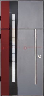 Серая входная дверь с порошковым окрасом и красной вставкой ДП-175 в Оренбурге