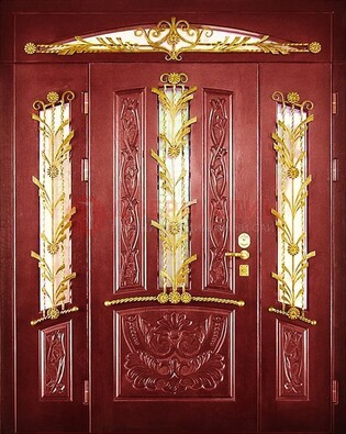 Бордовая железная парадная дверь со стеклом и ковкой ДПР-75 в Ярославле