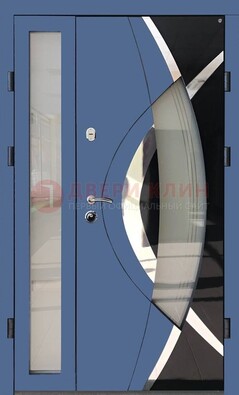 Синяя металлическая дверь со стеклом и узором ДС-13 в Ярославле