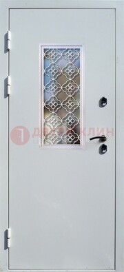 Серая металлическая дверь со стеклом и ковкой ДС-75 в Ярославле