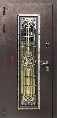 Железная дверь цвета медный антик со стеклом и ковкой ДСК-105 в Ярославле