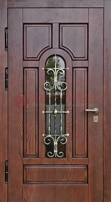 Cтальная дверь со стеклом и ковкой в коричневом цвете ДСК-119 в Ярославле