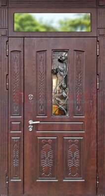 Коричневая железная дверь со стеклом и ковкой на улицу ДСК-127 в Ярославле