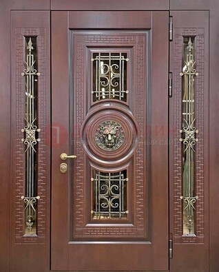 Коричневая стальная дверь со стеклом и ковкой ДСК-147 с фрамугами в Ярославле