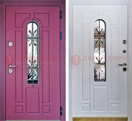 Розовая металлическая дверь со стеклом и ковкой ДСК-151 в Ярославле