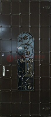 Высокая железная дверь со стеклом и ковкой ДСК-15 в Ярославле
