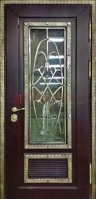 Темная уличная дверь порошок со стеклом и ковкой ДСК-167 в Ярославле