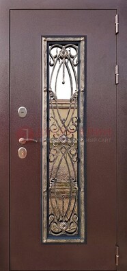 Коричневая стальная дверь порошок со стеклом и ковкой для дома ДСК-169 в Ярославле