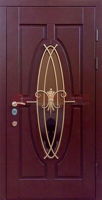 Бордовая стальная дверь Винорит со стеклом и ковкой ДСК-263 в Ярославле