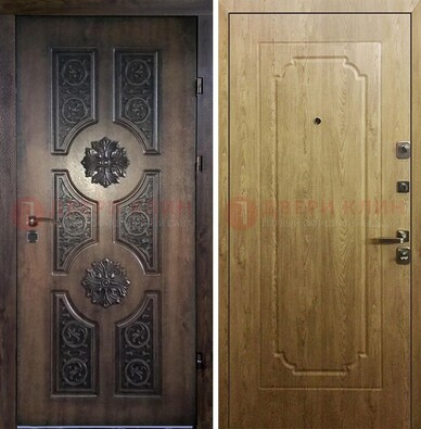 Железная коричневая дверь с виноритом и терморазрывом Золотой дуб внутри ДВТ-101 в Балашихе