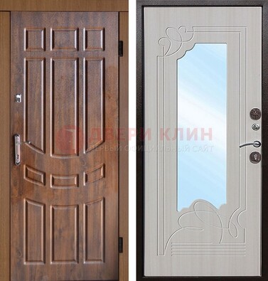 Коричневая уличная дверь c виноритом и терморазрывом МДФ Беленый дуб  с зеркалом ДЗ-97 в Ярославле