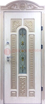 Белая железная дверь с МДФ и витражом ВЖ-26 в Ярославле