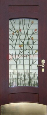 Бордовая стальная дверь с витражом и декоративным элементом ВЖ-3 в Ярославле